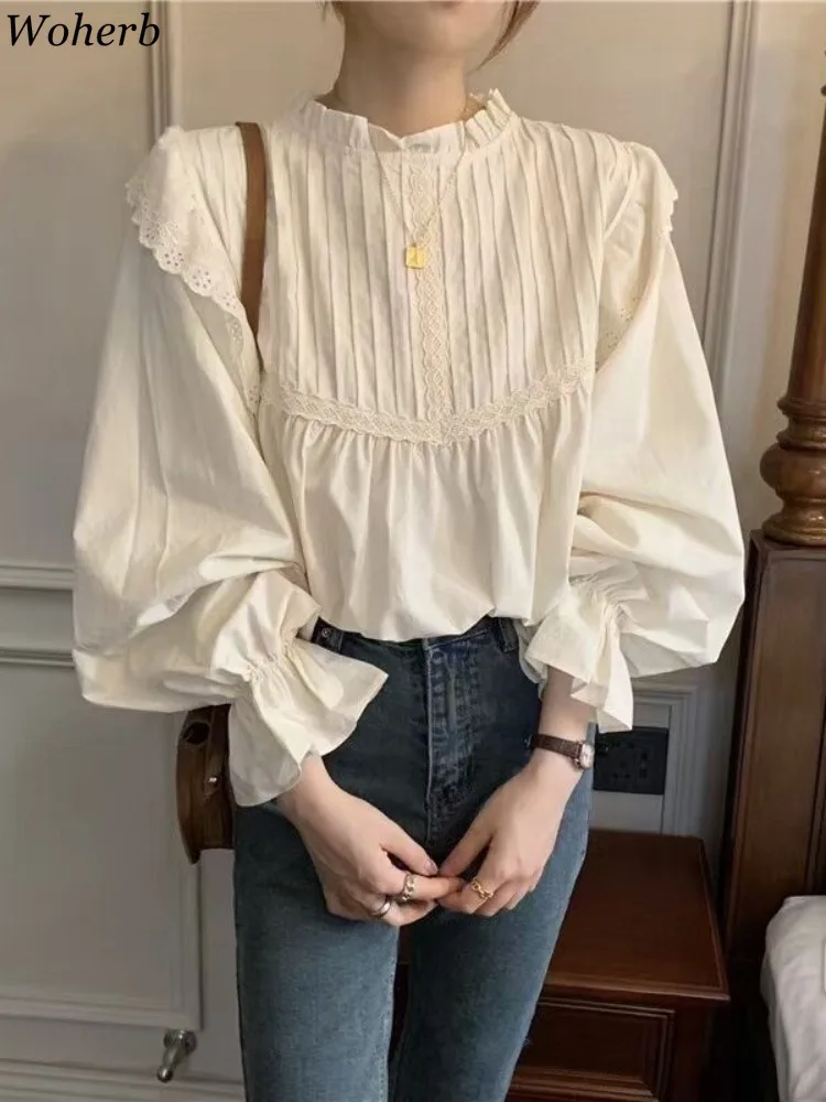 Y2k Korean Blouse for Women Fashion Autumn Solid Pleated Shirts 2024 Blusas Mujer De Moda Lace Ruffles Temperament Loose Tops