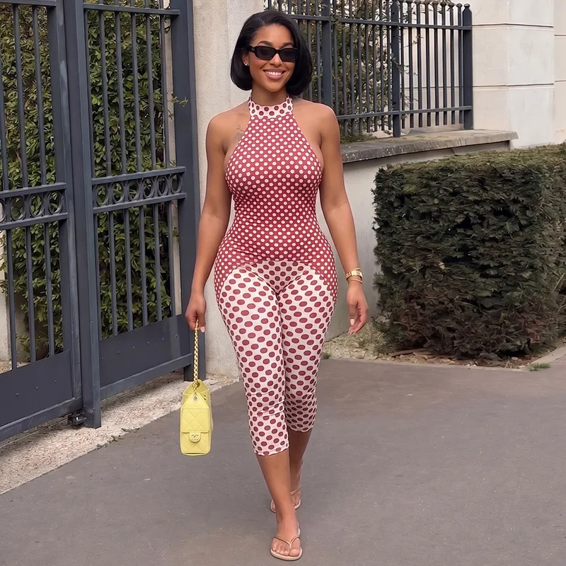 Fashionable Women's Clothing With Floral. Print, Color-blocking Polka Dot. Wrap-bust Design, Suspend Neck High-neck New Jumpsuit