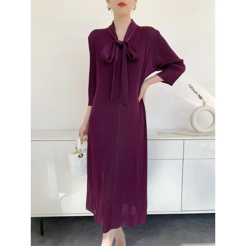 MIYAKE fashion trend toothpick pleated seven quarter sleeve tie loose purple high-end temperament dress [L-957F]