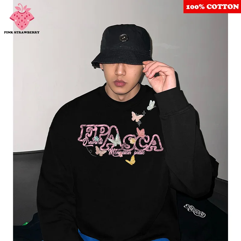 

American Butterfly Letter Print T-shirt Men Autumn Winter 2025 New 100% Cotton long sleeved T-shirt Loose Y2k Top men clothing