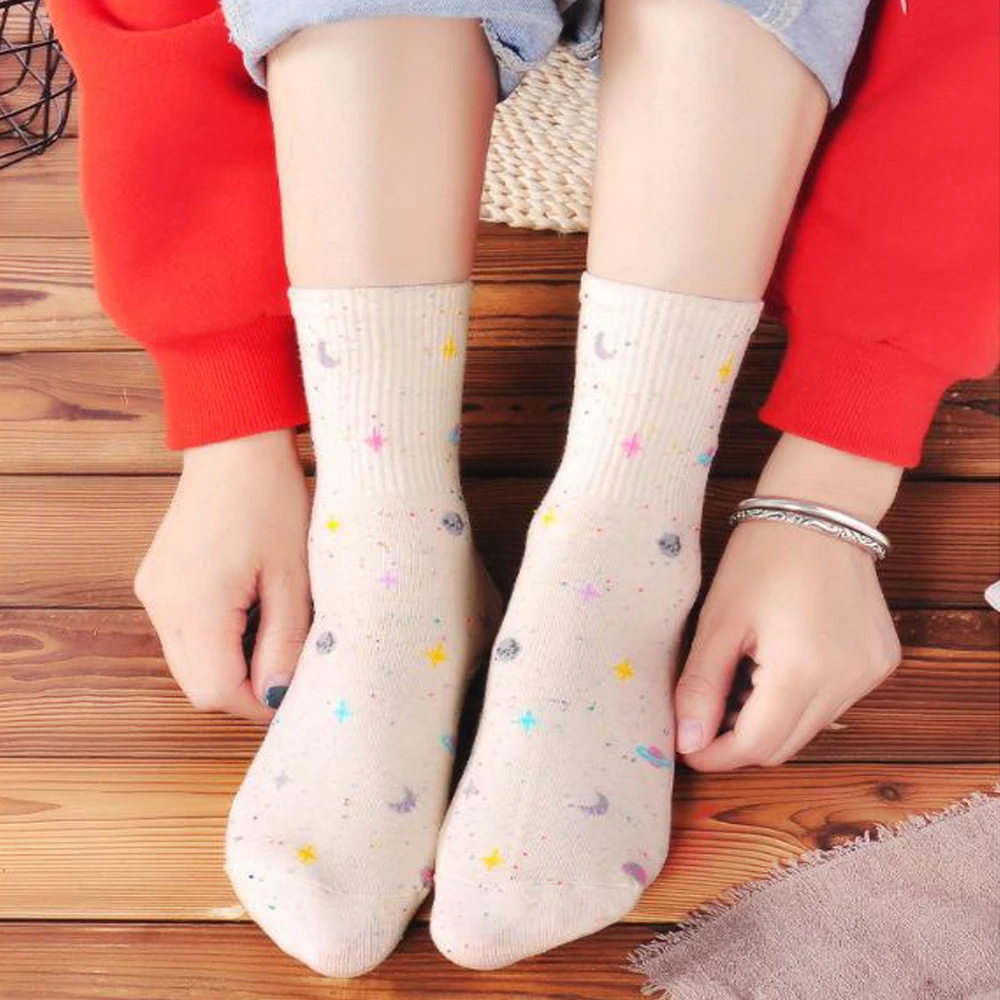 Women Socks Universe Starry Sky Sports Socks Love Candy Color Comfortable Cotton Stars Moon Creative Harajuku Cute Funny Socks