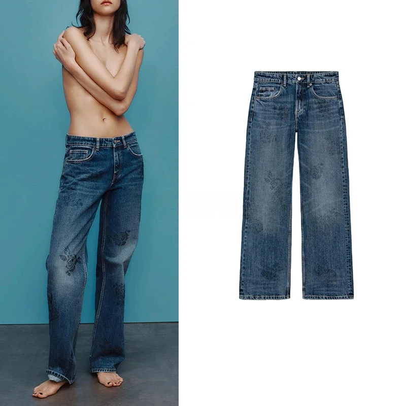 Printemps nouveau femmes décontracté Floral singe strass décoré coton jambe large jean taille haute coupe ample pantalons longs