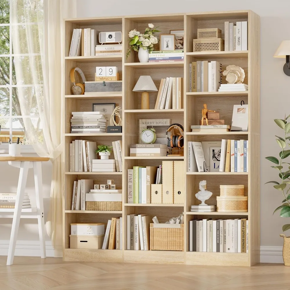 Rak Buku Tiga Lebar, Rak Buku Besar 6 Tingkat, Rak Buku dengan 17 Rak Pajangan Terbuka, Rak Buku Tinggi 74'', dan Rak Buku