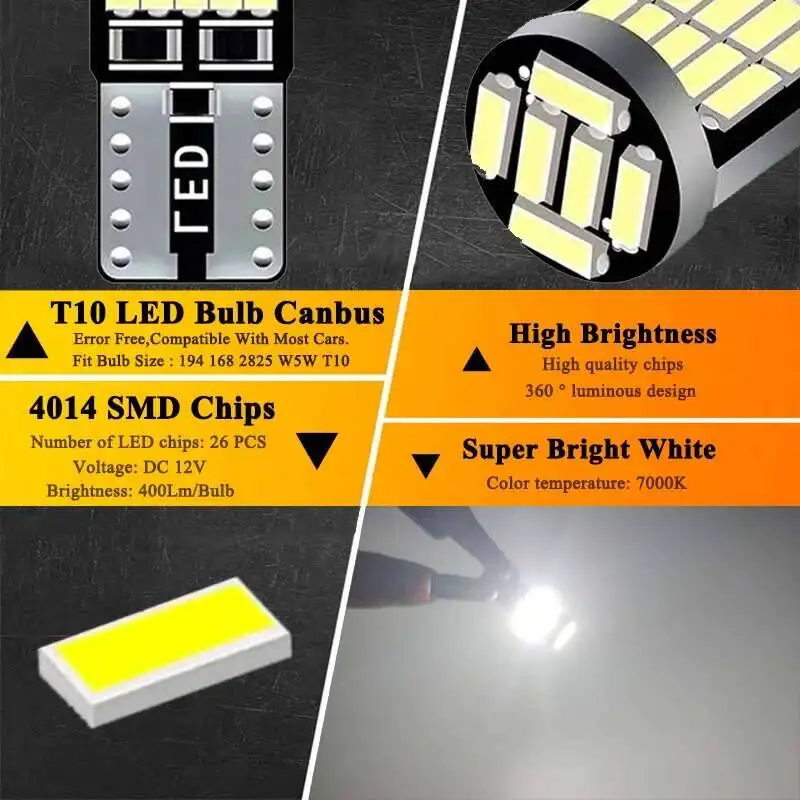 2/6/10 PCS T10 W5W LED Bulb Canbus Error Free 12V 4014 26SMD 7000K White Car Interior Dome Door Trunk License Plate Wedge Lights image 2