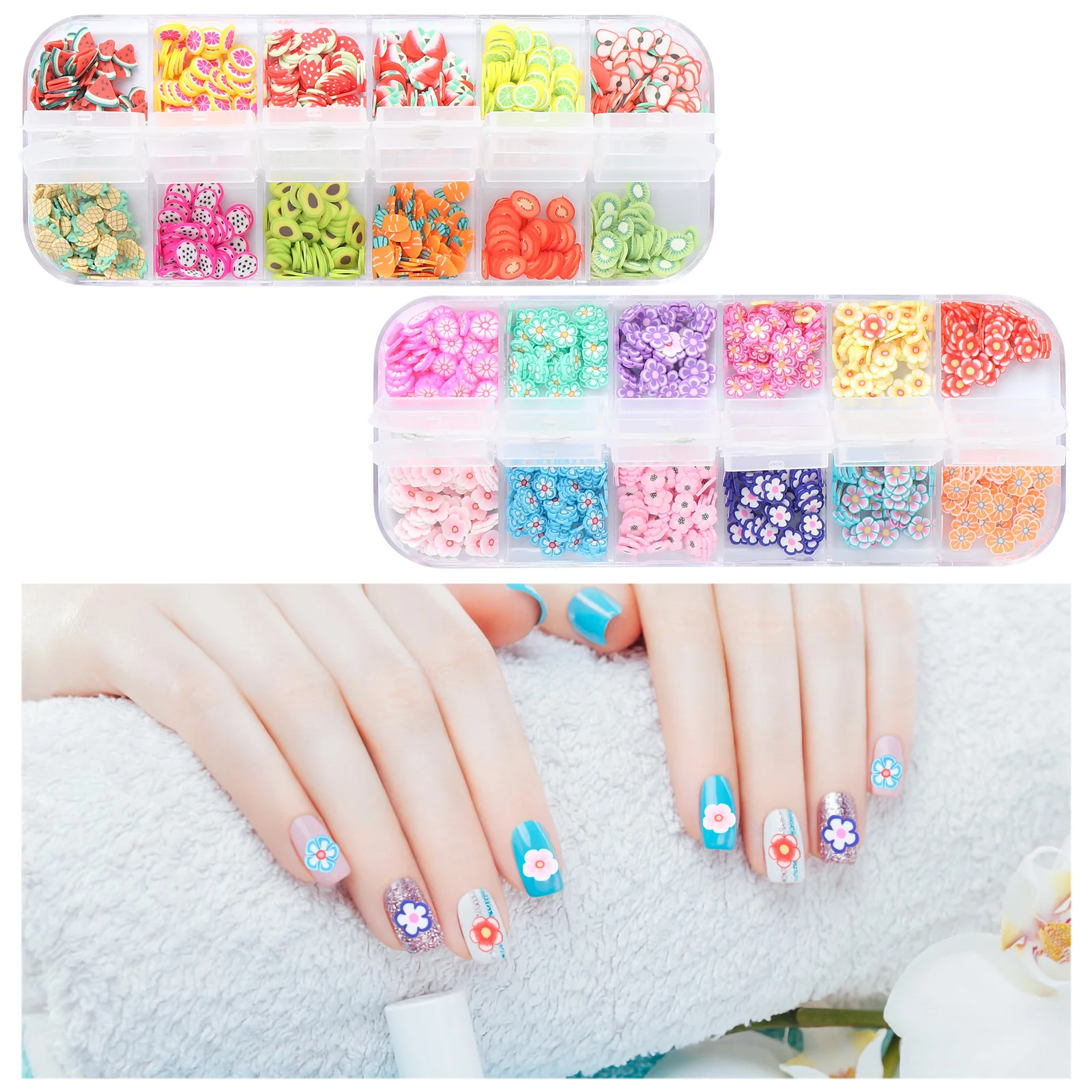 

2 Boxes Handmade DIY Nail Art Decorations 12 Grids Random Flower Fruit Slices Nail Manicure Supplies