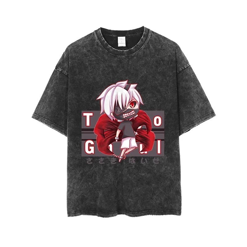 Camiseta con estampado de Anime japonés Tokyo Ghoul Kaneki Ken, camisetas de algodón lavadas para hombre, camiseta Vintage de Manga, camisetas informales Harajuku para hombre