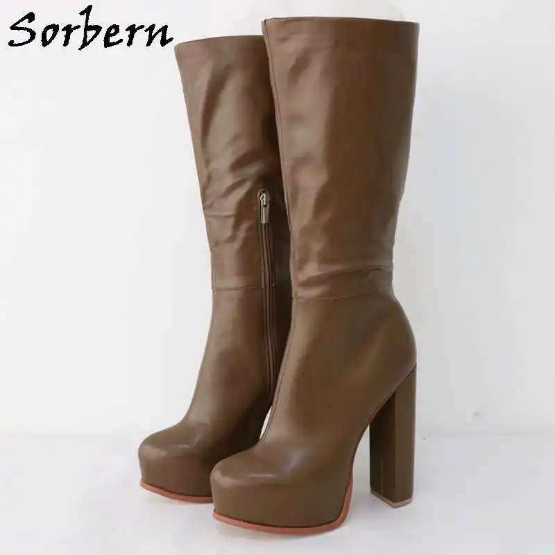 Sorbern Brown Block High Heel Boots For Women Unisex Style Half Zipper Hidden Platform Shoes Round Toe Custom Calf Girth