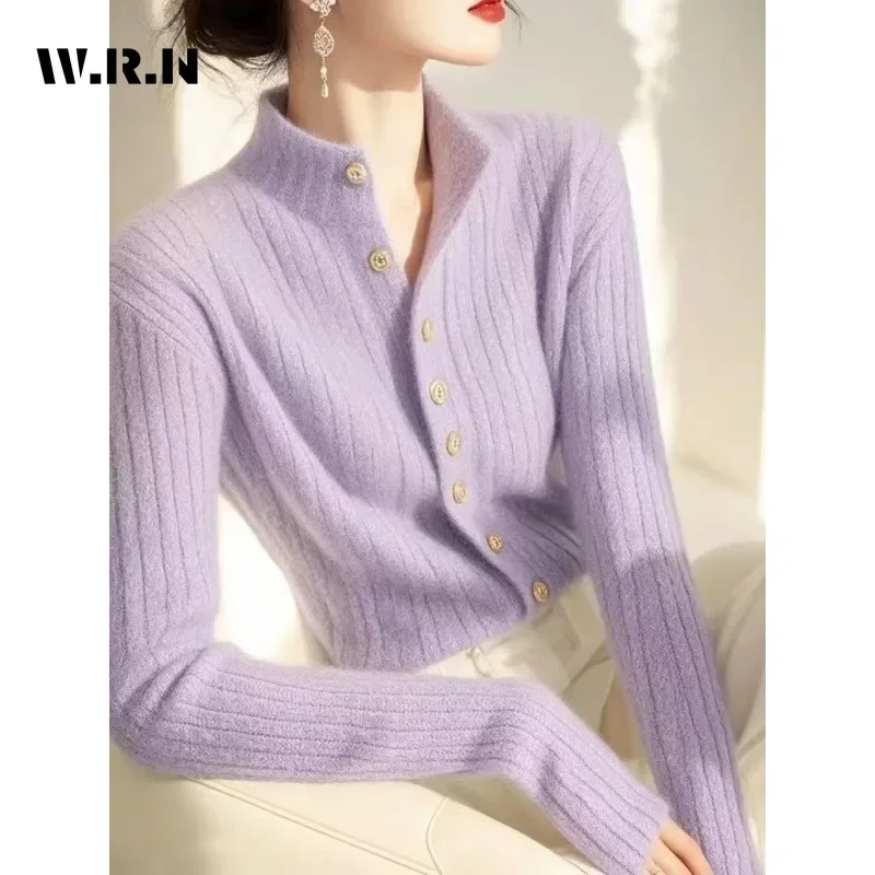 Women Luxury Purple Knitting Long Sleeve Round Neck Cardigans 2025 Winter Elegant Fashion Casual Single Breasted Warm Sweater