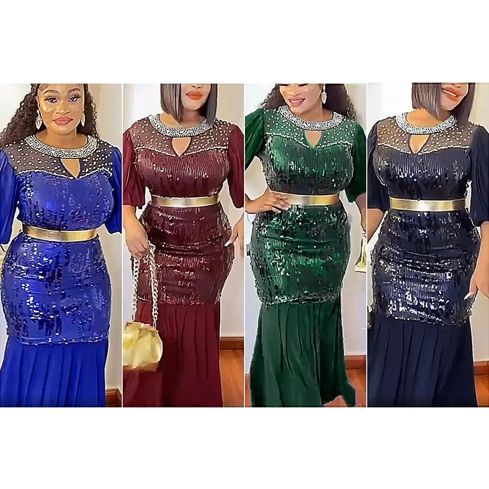 

Plus Size Evening Dresses for Women Elegant African Luxury Sequin Gowns Sequin Wedding Party Long Dress Ankara Ladies Clothing