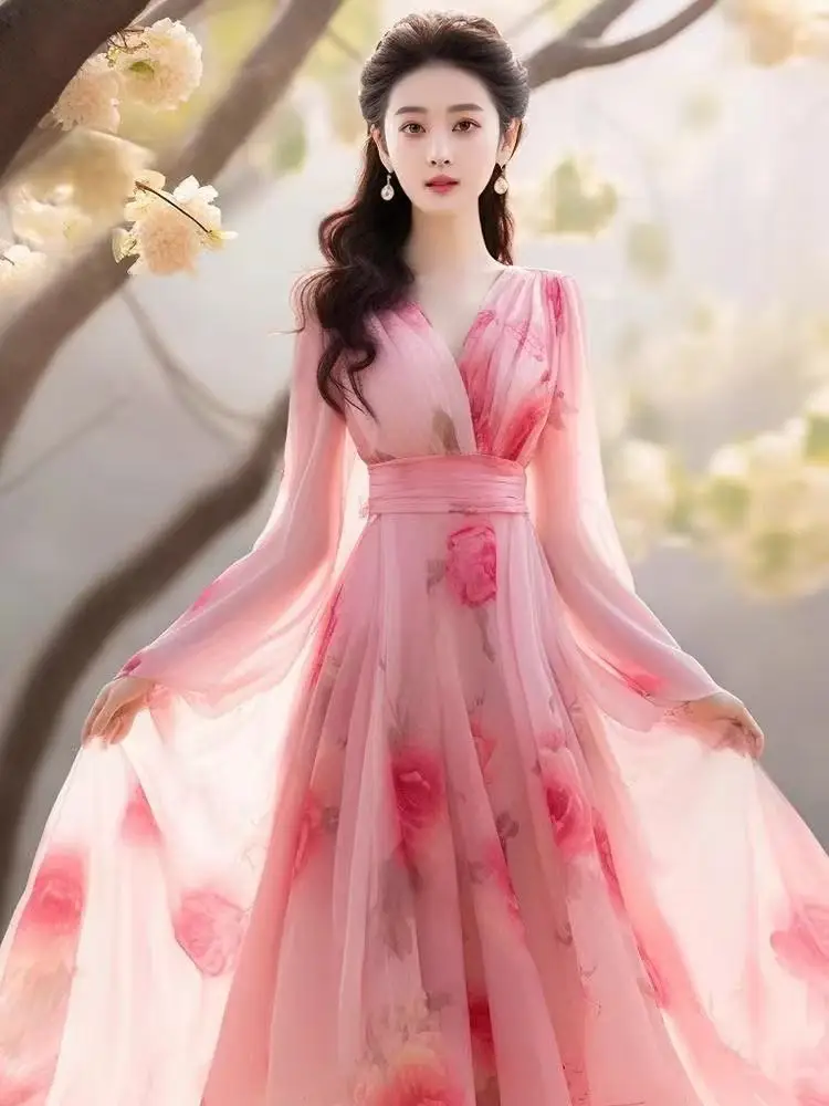

Retro Women V-Neck Beautiful Pink Floral Chiffon Printing Dress Spring Summer French Vacation Style Bubble Sleeve Long Dresses