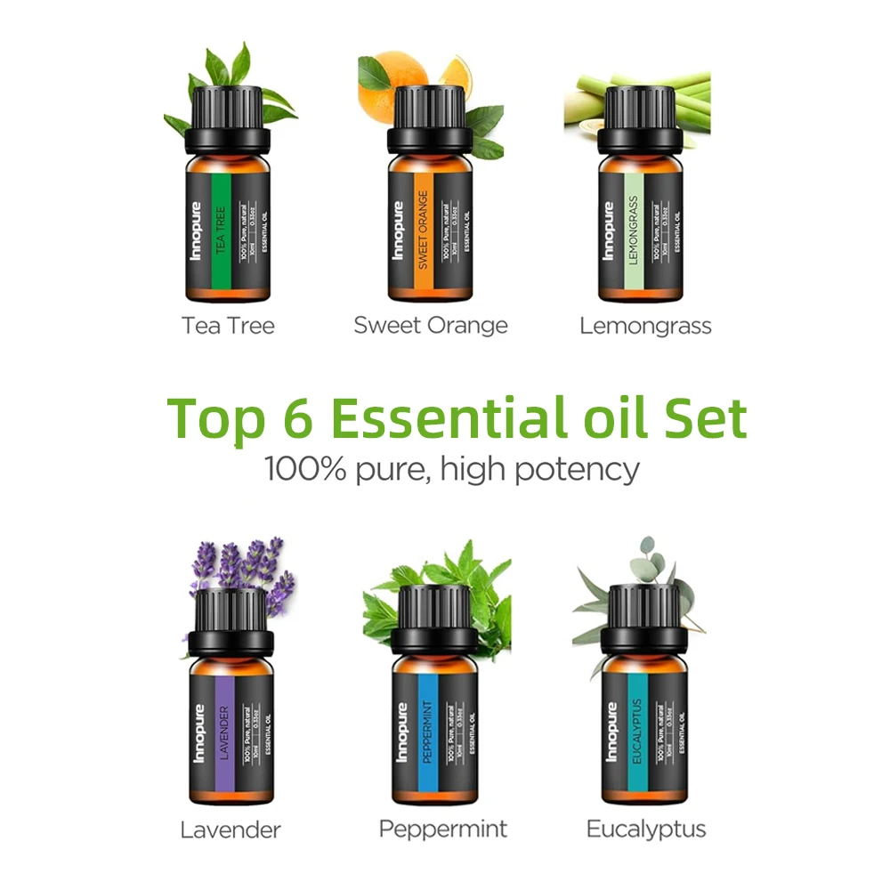 550ml Aromatherapy Diffuser with 6 Essential Oils, Ultrasonic Cool Mist Humidifier, 4 Timers, 7 Colors, Auto Off, Dark Wood Grai