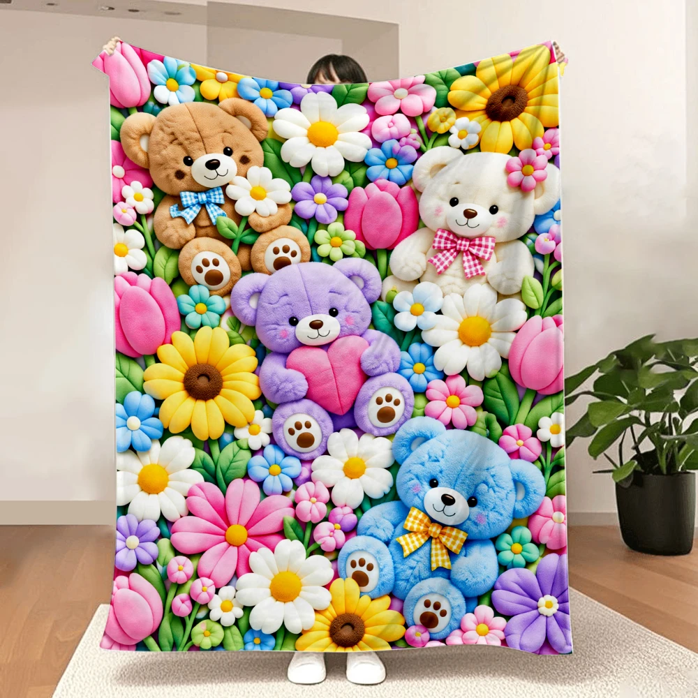 1PC cute bear and colorful flower print blanket-made of soft and fluffy flannel, perfect for bed or sofa. Home decoration, holid