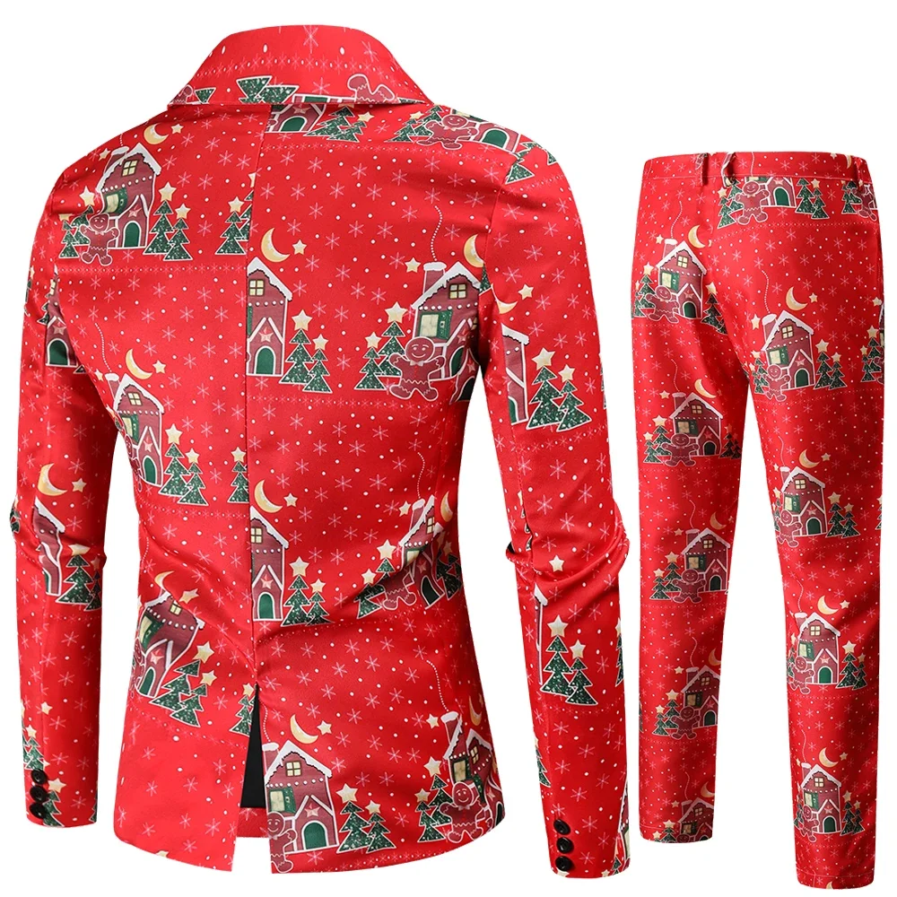 Christmas Костюм Мужской （ Jacket + Pants） Casual Xmas Printed V-Neck Red Blazer Sets Party Stage Slim Fit Tuxedos Suit Men 4XL