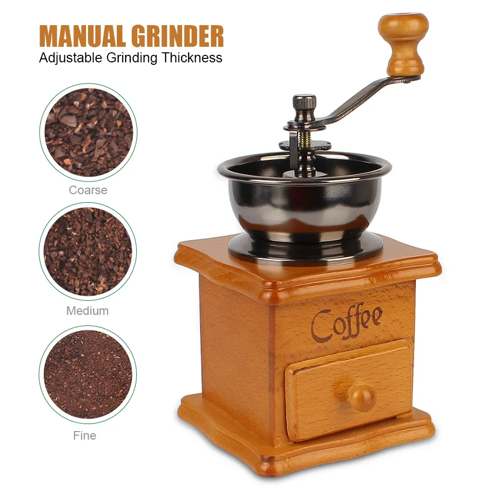 Retro Style Stainless Steel Handle Spice Burr Mill Wooden Manual Coffee Bean Grinder Coffee Utensils with Ceramic Millston