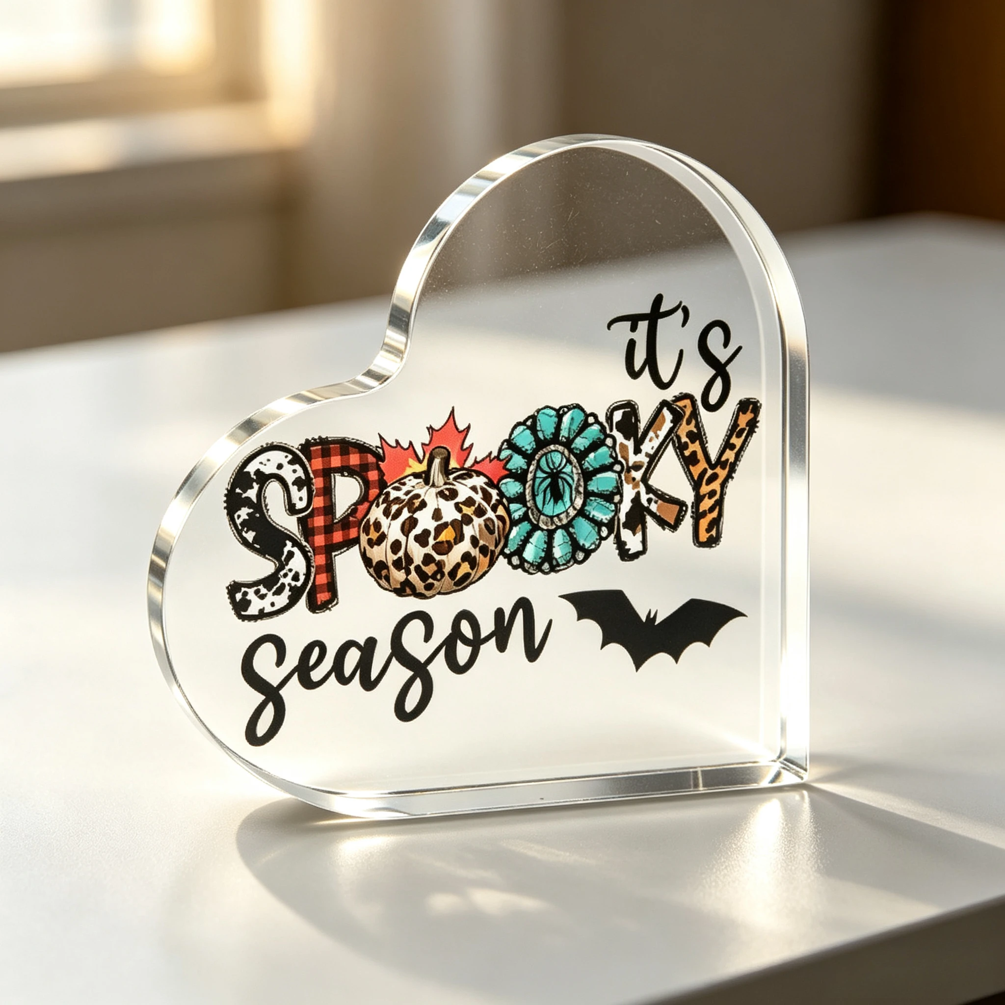 Heart Shape Acrylic Sign, It's Spooky Season Western Style Desktop Ornament, Leopard Pumpkin Plaid Bat Table Decor, Fall Halloween Home Holiday Gift