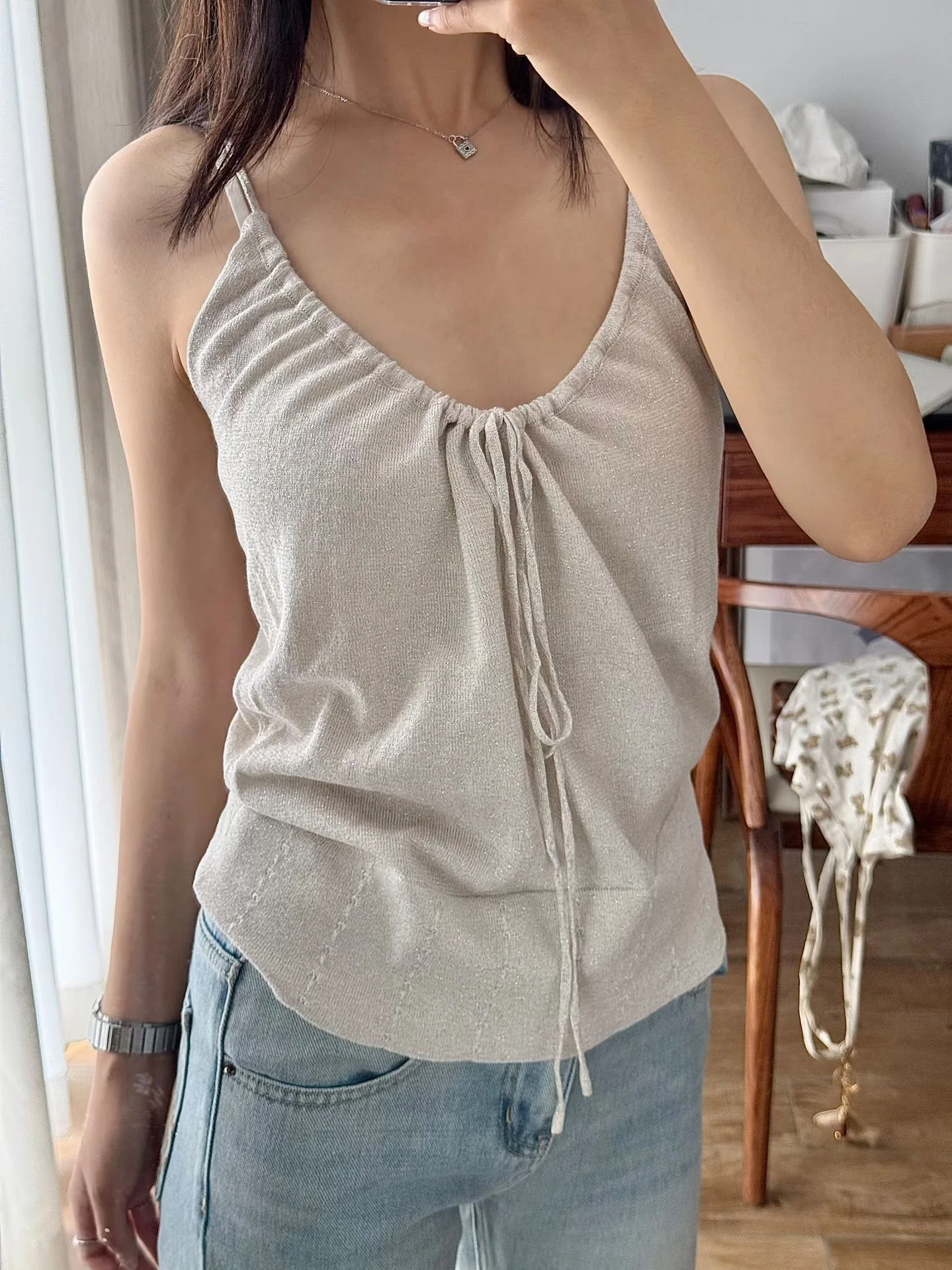 Shimmery Knitted Camis Woman Summer Lace-up V-neck Eyelet Hem Slim Tank Top Female Casual Sweet Chic Camisole Y2k Crop Tops New