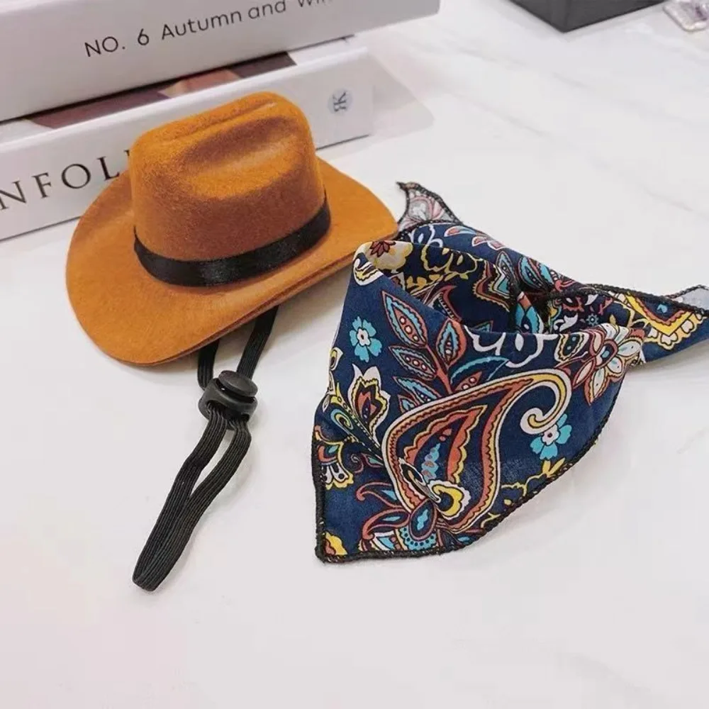 

Headwear Cute Pet Western Cowboy Hat Set Adjustable Comfortable Cats Triangle Scarf Breathable Cosplay Cap Bandana Halloween