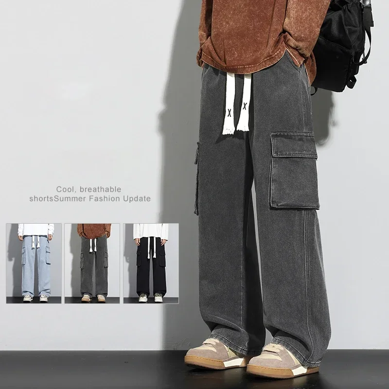 

Fashion Large Pockets Cargo Jeans Men Loose Straight Elastic Waist Denim Trousers Vintage High Street Hip Hop Male Trousers