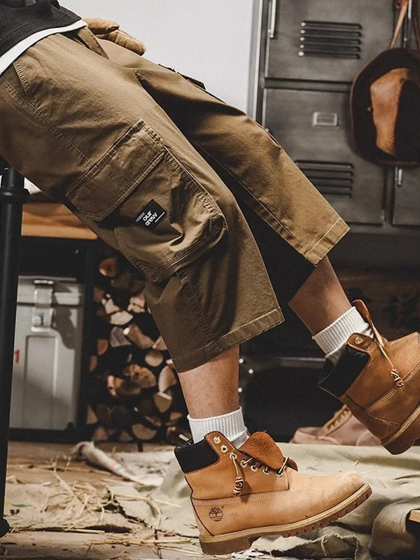 

American Sle Retro Workwear orts Men Summer Trendy Loose Straight Leg Casual Seven-Foot Pants Breathable Cotton Youth