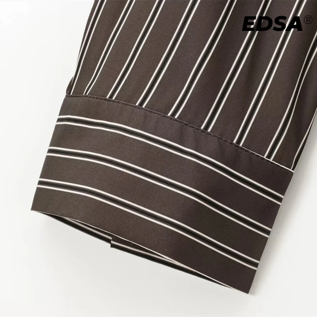 EDSA Women Brown Batwing Stripe Shirt Long Sleeves with Cuffs Patch Pockets Button-up Front for Office Lady Blouse