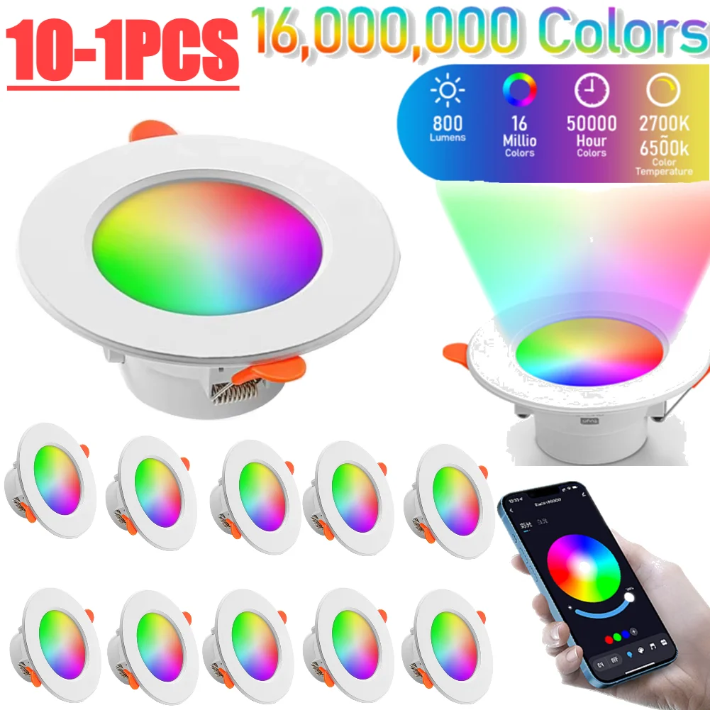 

1-10PCS RGB LED Downlight RGBW+CW+CCT Dimmable Spotlight 10W Bluetooth Smart Ceiling Light Voice Control for Alexa Google Home