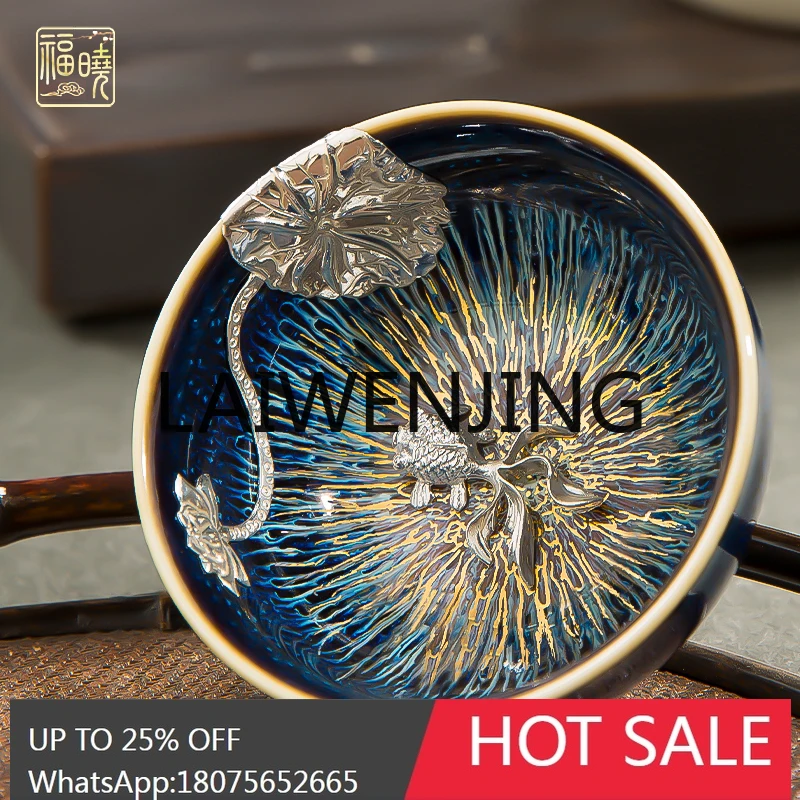 Silver Plated Gold Silk Temmoku Glaze Jian Zhan Teacup Pairs of Master Cup Rabbit's Hair Zodiac Signs Tea Cup
