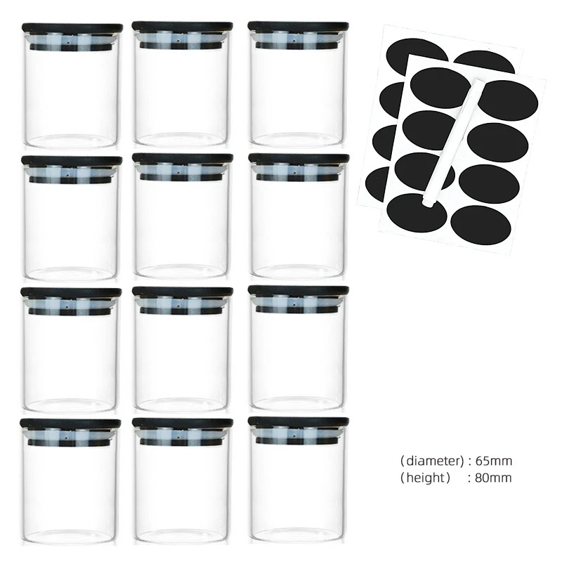 Glass Seasoning Container with Black Bamboo Cover, Kitchen Sealed Food Storage Jars, Spices Organizer with Lid, 12 PCs/Set