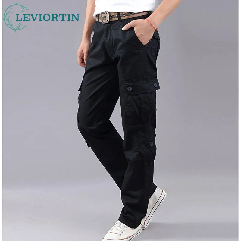 Four season men's outdoor sports workwear pants, loose and versatile, multi pocket straight leg solid color casual pants