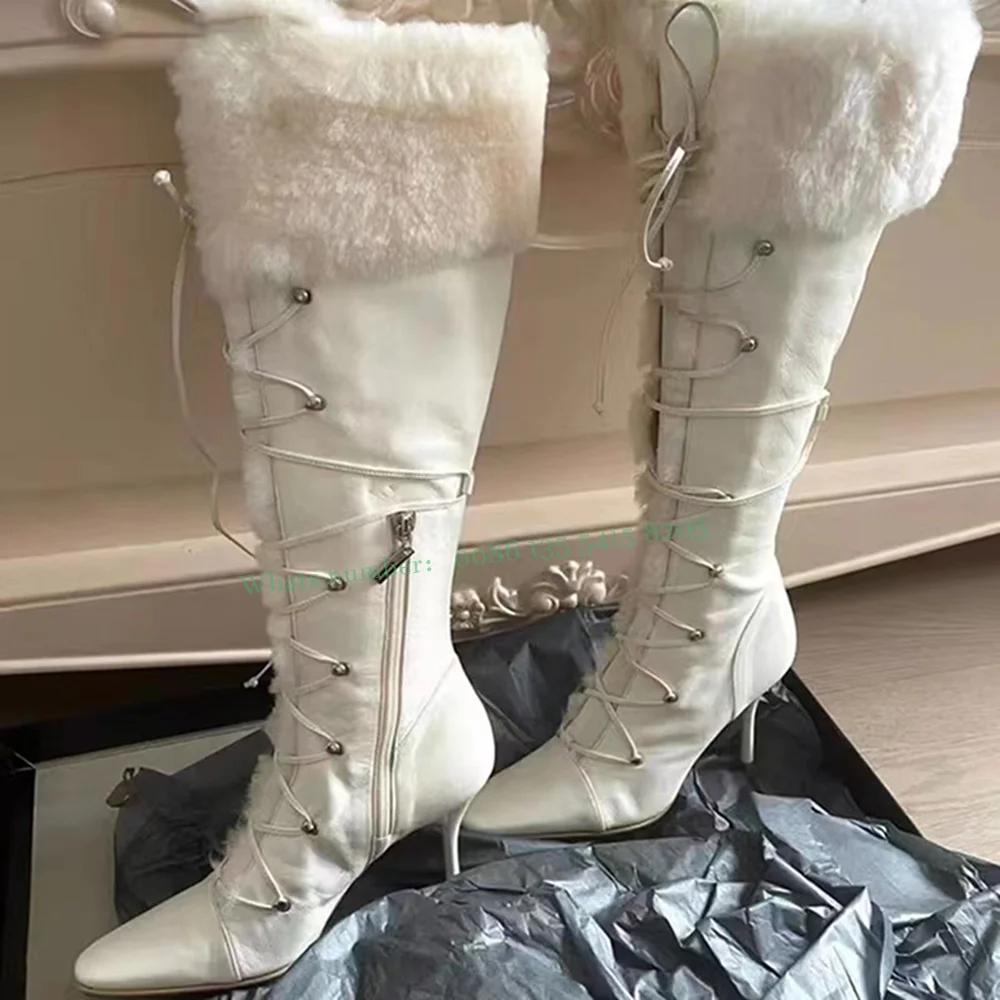 Cross Strap Splicing Plush Warm White Boots Pointed Toe Thin Heels Side Zipper Over The Knee Boots Solid Warm Winter for Women