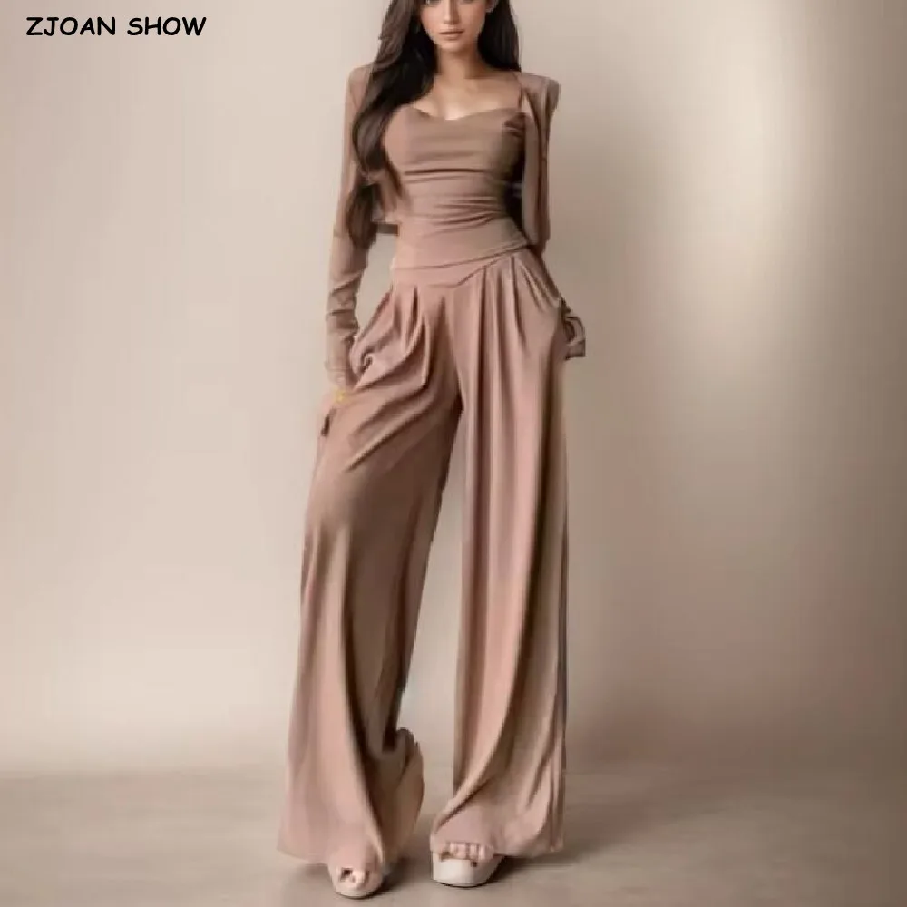 

3 pieces 1 Set 2025 Spring Open Stitching Long Sleeve Tee + Irregular Camisole + High Waist Pleated Loose Wide Leg Pants