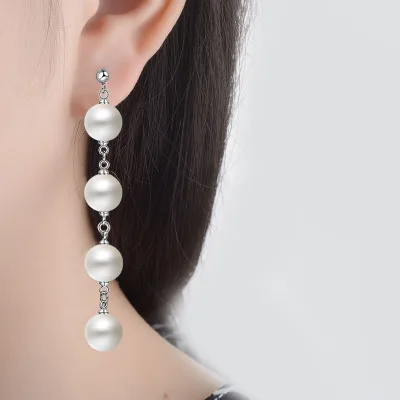 Beautiful Women Long 925 Silver Needle Drop Earring Imitation Pearl Grape String Manual Fashion Ear Drops Silver Charm Earrings