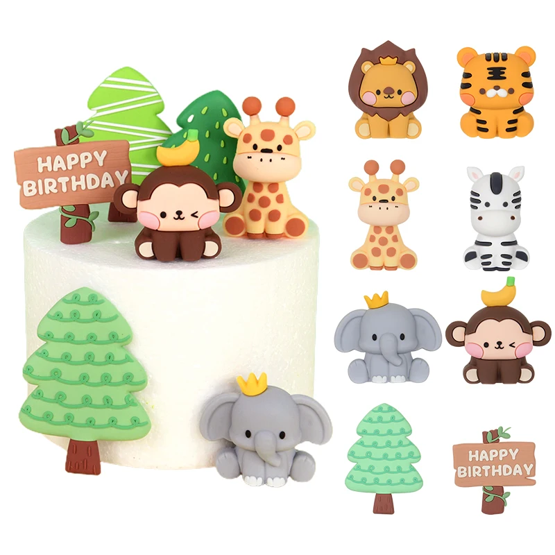 Jungle Animal Birthday Party Cake Decoration Soft Clay 3D Lion Tiger Elephant Cake Topper Kids Birthday Decor Baby Shower