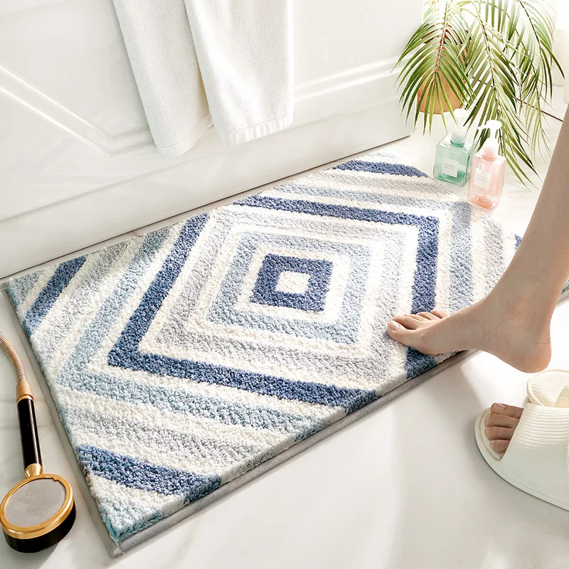 Simple Geometric Bathroom Non-slip Mat Microfiber Flocking Bath Mat Thick Plush Bathroom Rug Absorbent Non-slip Foot Mat Doormat