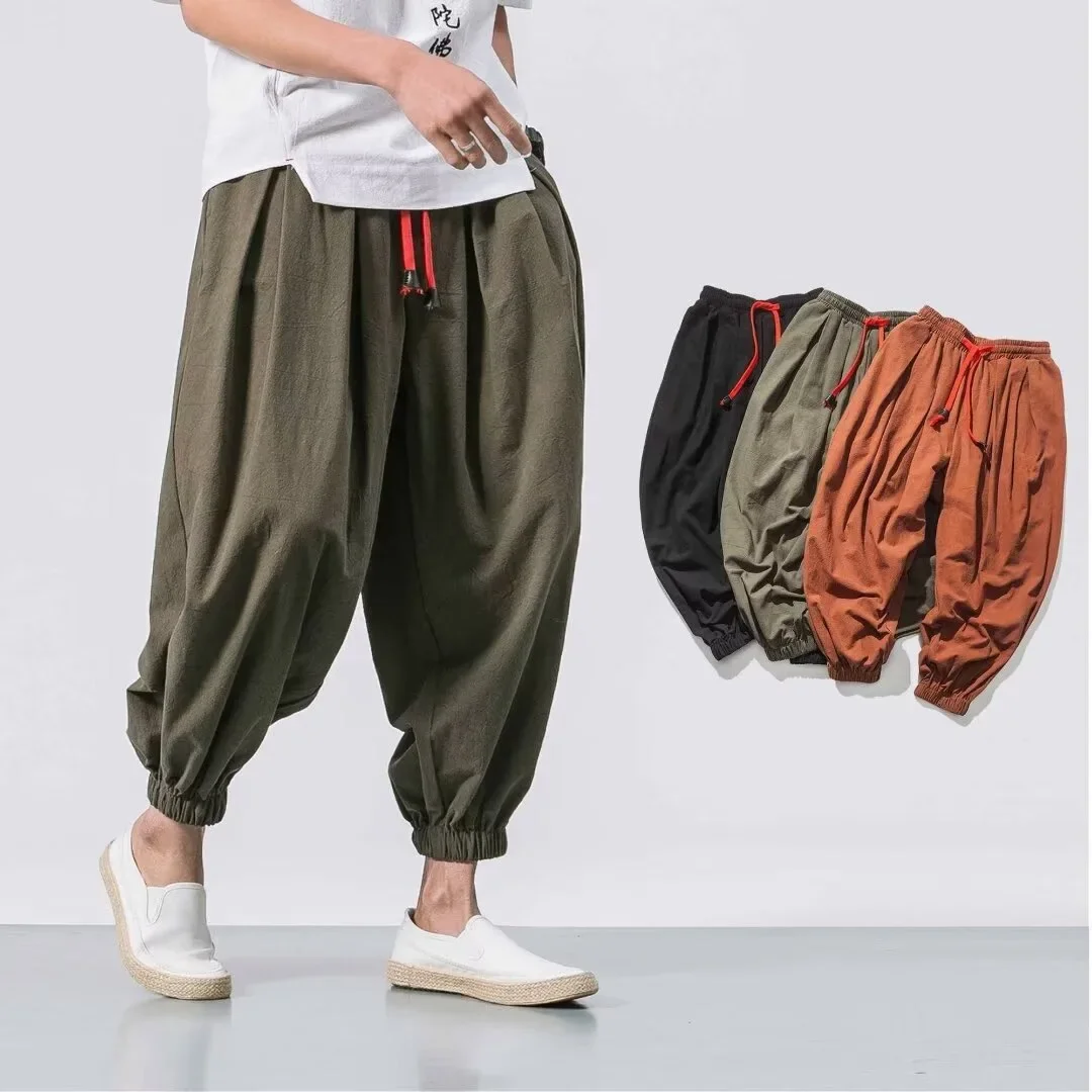 Japanese Style Linen Men's Summer Thin Nine-Piece Loose Cuff Lantern Pants Cotton Linen Wide Leg Casual Sport Trousers