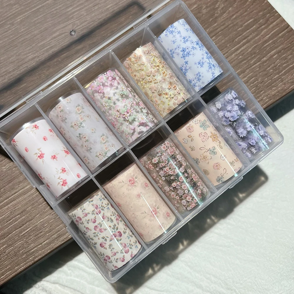 10Rolls Cute Mini Flower Nail Foil Transfer Stickers 3D Colorful Rose Daisy Starry Sky Paper Nail Decals Flower Transfer Sliders