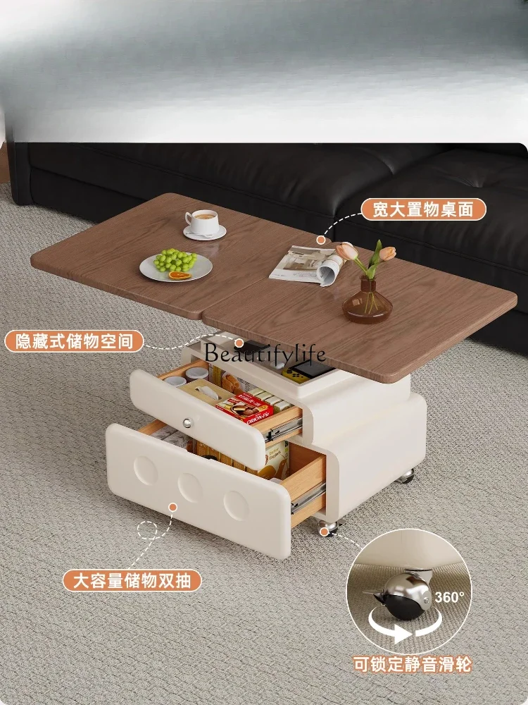 

yj7 French Vintage Adjustable Coffee Table and Dining Table 2-in-1 Living Room Mobile Folding Tea Table