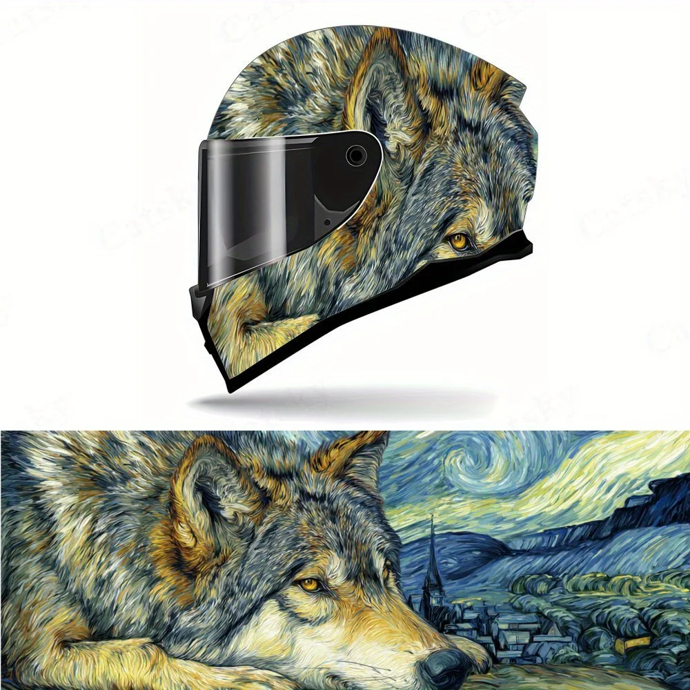 Epic Art - Fusion Wolf Van Gogh Starry Night PVC خوذة دراجة نارية من الفينيل، ملصق مقاوم للماء ذاتي اللصق، مضاد للخدش