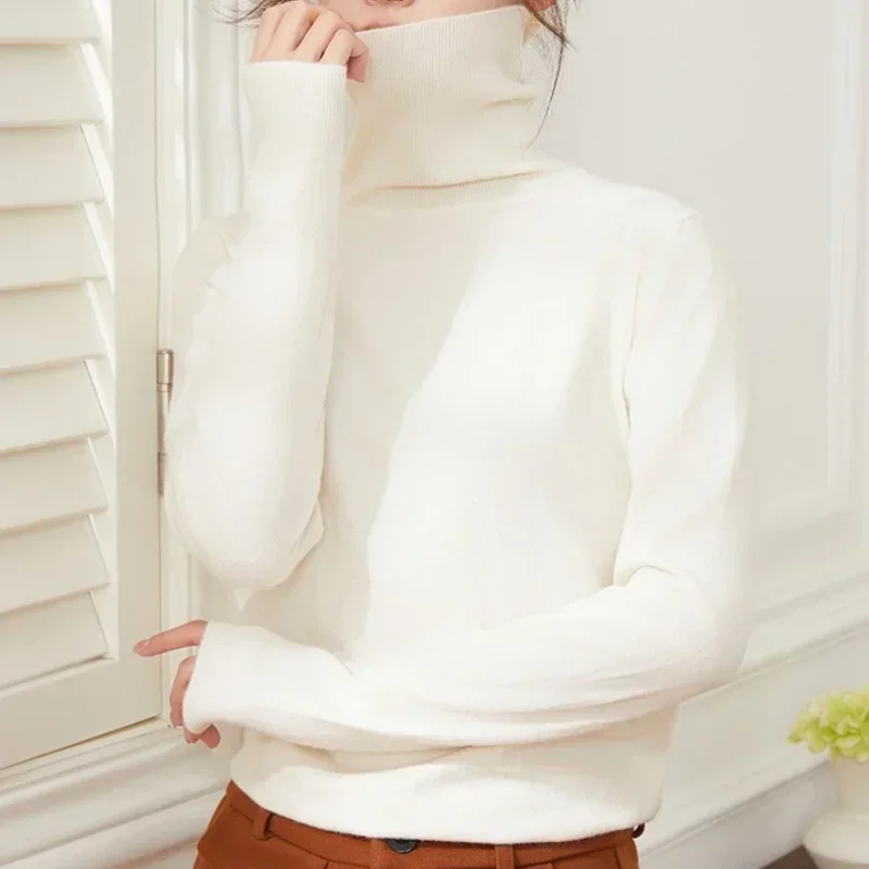 Autumn Winter Half High Neck Pullover Sweater for Women Sweater Vintage Basic Solid Knitted Tops Casual Slim Pullover Sweaters