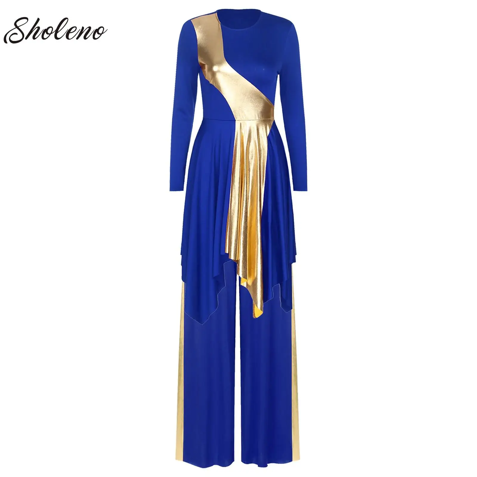 Womens Church Worship Praise Dance Outfit Long Sleeve Maxi Dress+Wide Leg Trousers Dancewear Rumba Samba Flamenco Waltz Modern