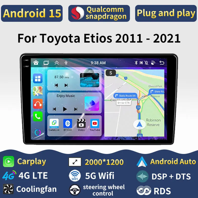 Android 15 Carplay For Toyota Etios 2011 - 2021 Car Radio Audio WIFI Stereo Player DSP Auto BT 2din 360 Camera Multimedia 4G LTE