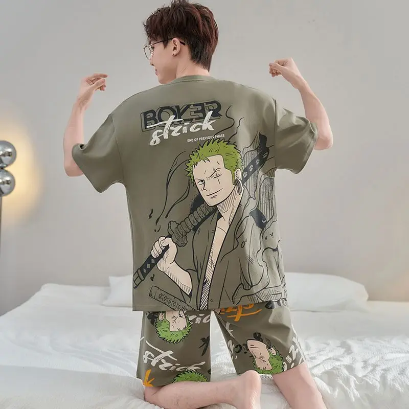 Ein Stück Anime Sommer männer Reine Baumwolle Shorts Hülse Shorts Cartoon Luffy Zoro Conan Naruto Große Größe Pyjama Set Großhandel