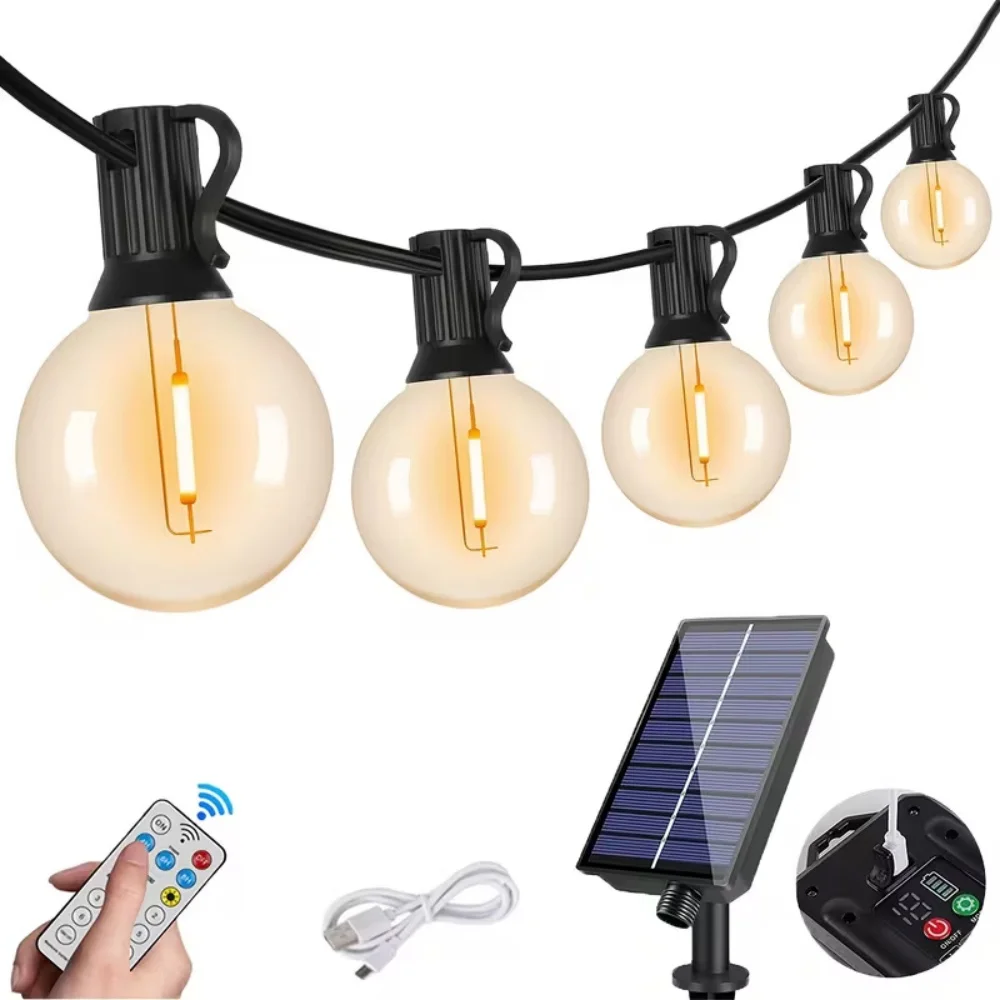 Solar G40 LED Outdoor String Lights Waterproof Lights with Remote Control 8 Lighting Modes for Garden Backyard Cafe Wedding