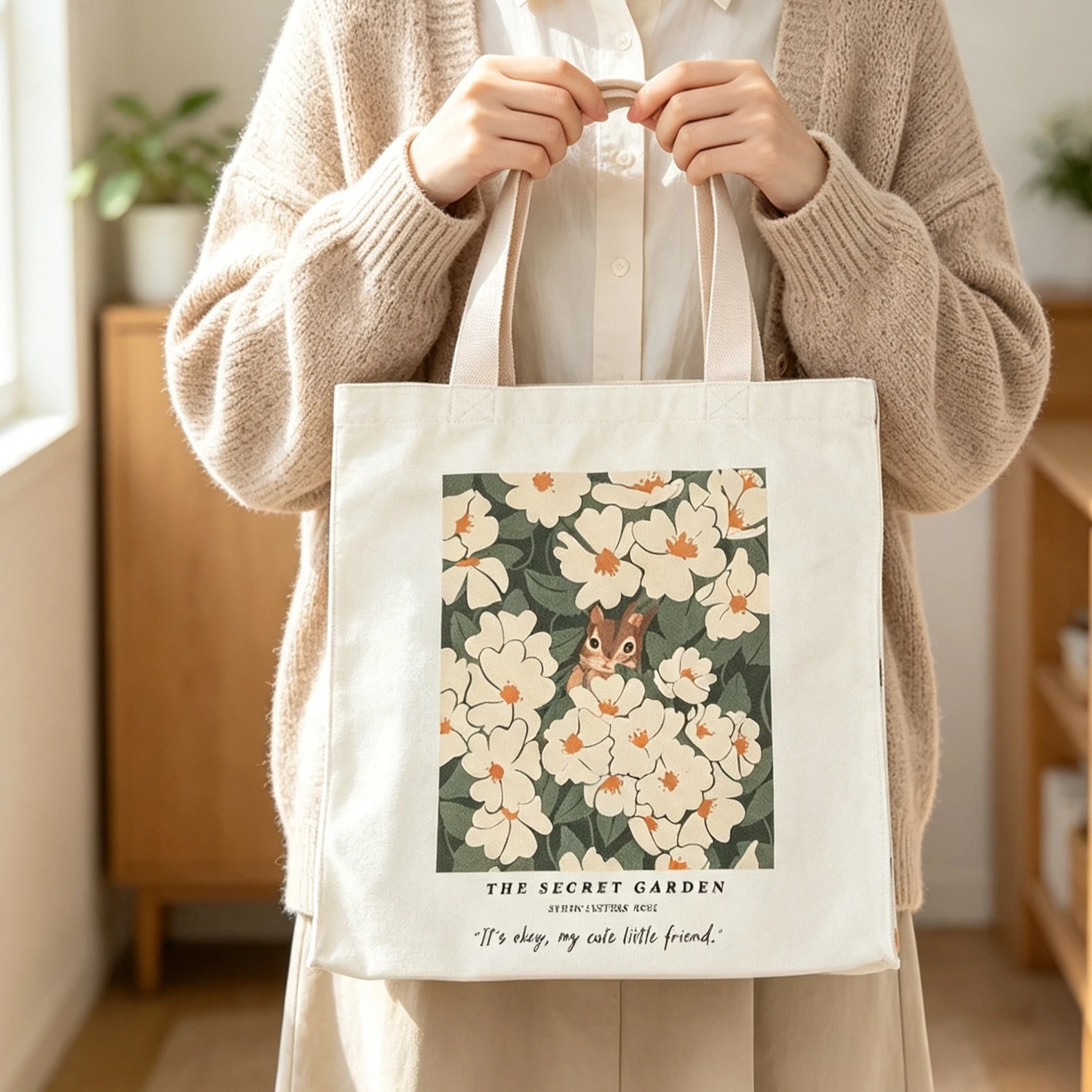 The Secret Garden Canvas Tote Bag Floral Squirrel Print Shoulder Bag Botanical Aesthetic Reusable Daily Shopping Handbag Womens