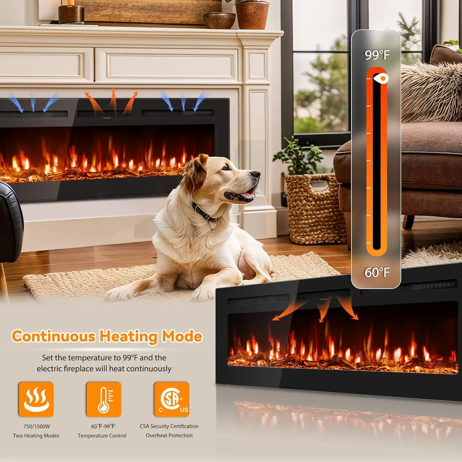 50 inch Electric Fireplace in-Wall Recessed and Wall Mounted with Remote Control, 1500/750W Fireplace Heater (60-99°F Thermostat