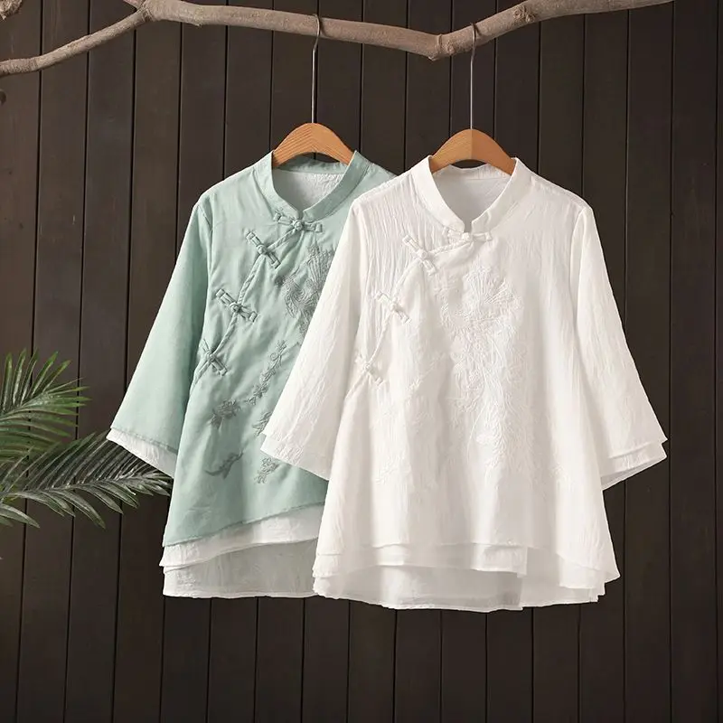 

Chinese Style Embroidery Shirt Women Cotton Linen Stand Collar Three Quarter Sleeve Clothing Vintage Casual Shirts Hanfu Tops