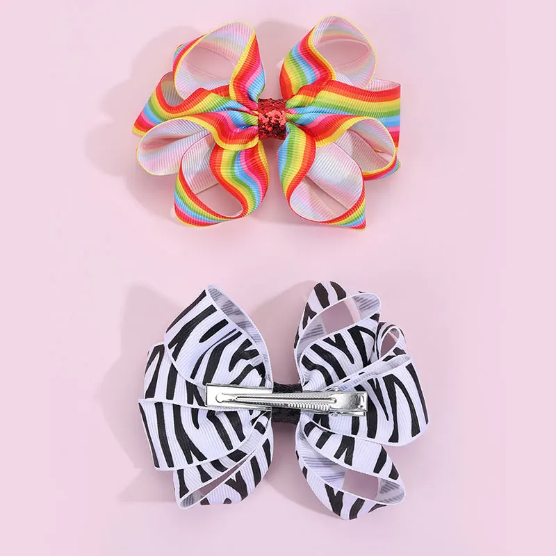 Fashion Ribbon Leopard Print Hairpins Barrettes Handmade Rainbow Hair Bow Clips For Girls Kids Hair Party Styling Accessories