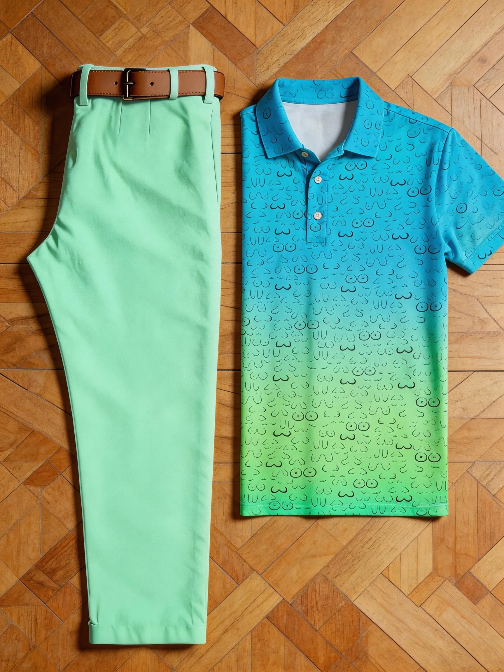 1 top (without pants) 2026 New Men's Gradual Change Cartoon Expression Printed Short-Sleeved Shirt in Fun Blue and Green