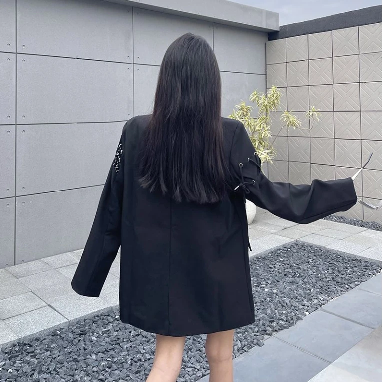 Patchwork Sequin Blazer For Women Design Padded Shoulders Spring Autumn New Trend Gothic Black Jacket Korean Drawstring Loose