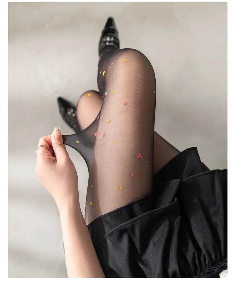 Frauen Ultra Dünne Strumpfhosen Sexy Strumpfhosen JK Strümpfe Bunte Süße Liebe Herz Polka Dots Drucken Transparent Beige Schwarz Leggings – Detail 20