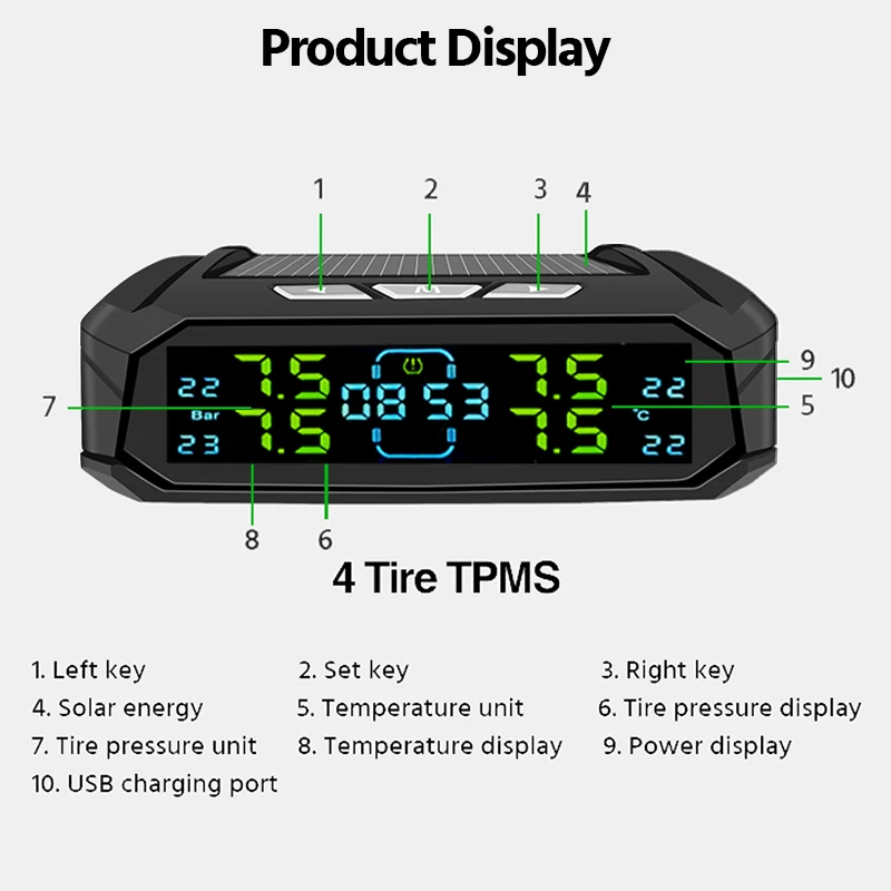 4 Tires Pressure Solar TPMS USB Risk Warning Real Time Monitor External Build-in Sensor Low Power Consumotion For More Vehicles